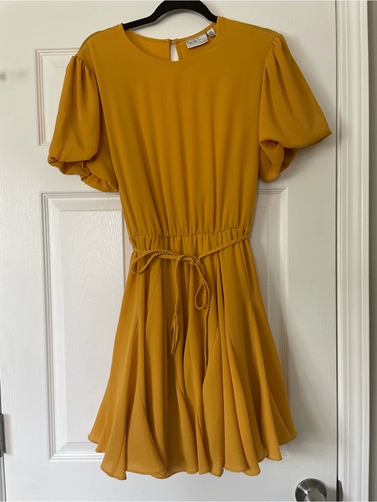 Premier Amour Dresses & Skirts - Mustard Puff-Sleeve Mini Dress with Braided Waist Tie